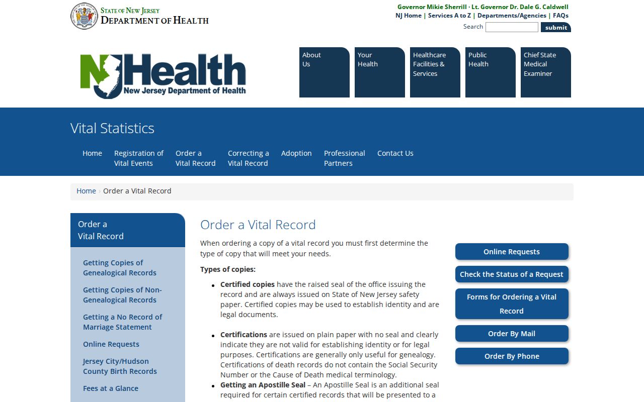 Orange resident lookup vital record ordering information from New Jersey Department of Health